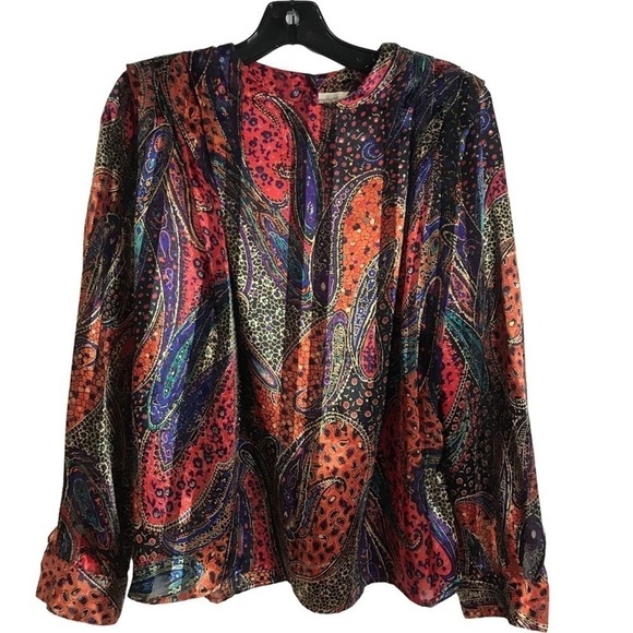 Tess 80s VTG Paisley Blouse Back Button Up Detailed Shoulders Size 10 - Picture 5 of 16